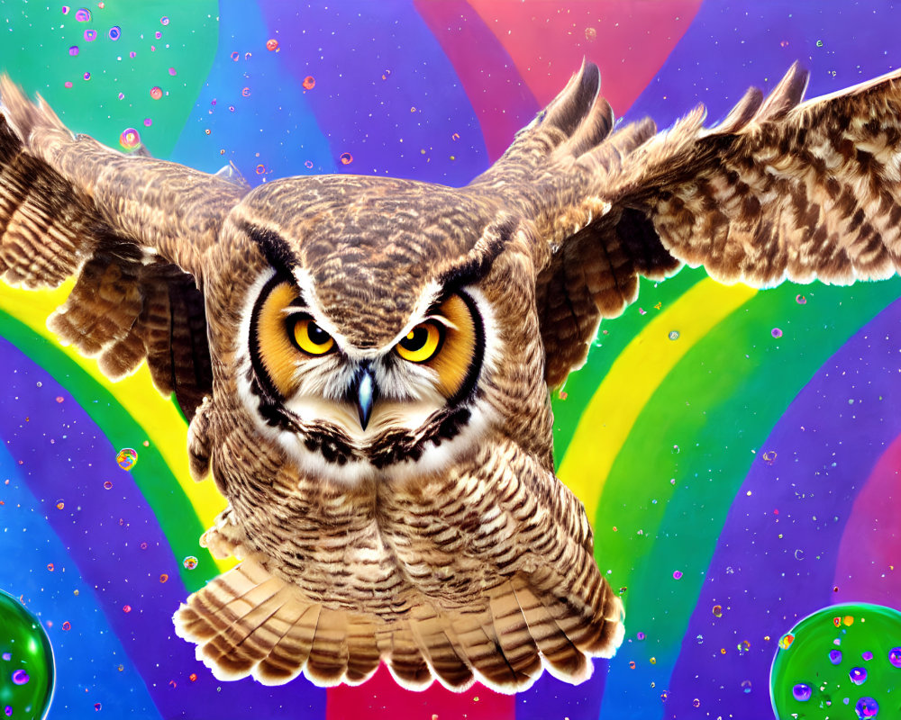 Great Horned Owl Flying Against Colorful Rainbow and Bubbles