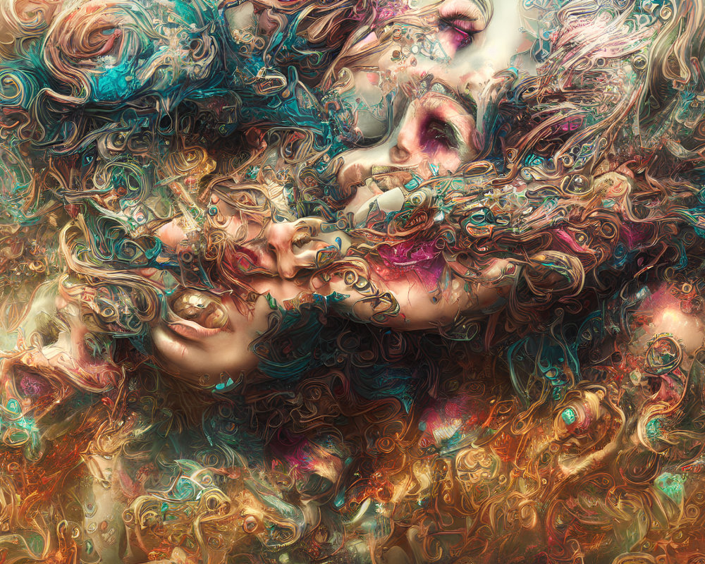Colorful Psychedelic Artwork Featuring Entangled Human Faces