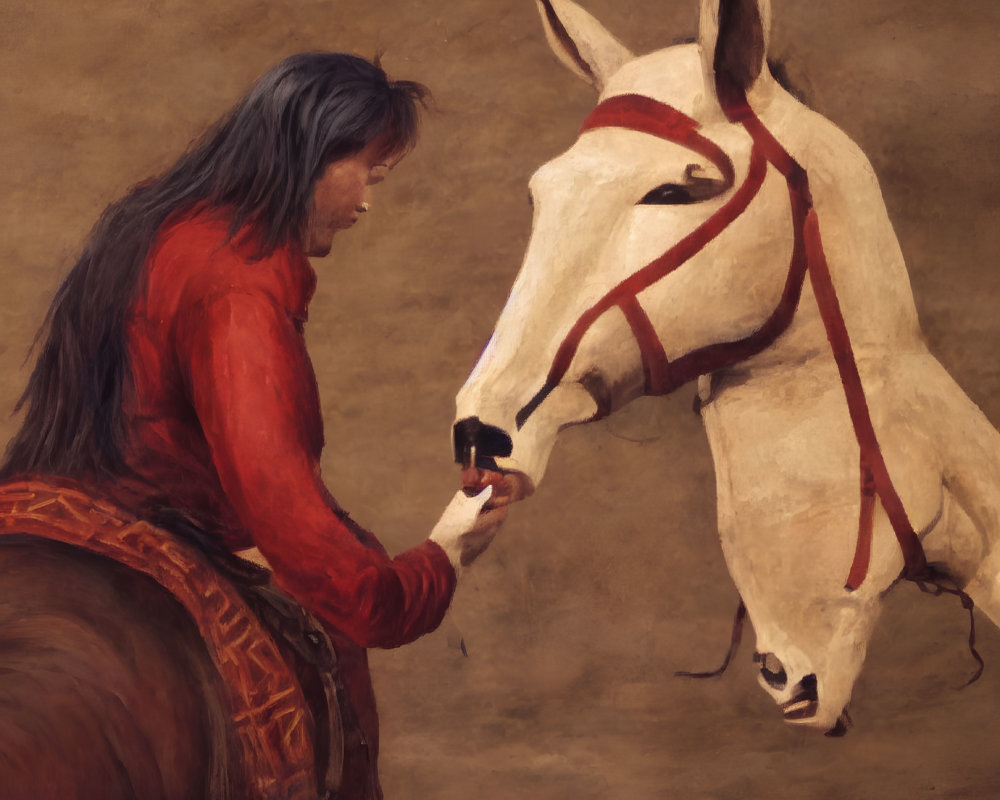 Person in red shirt feeding white horse with red bridle on brown background