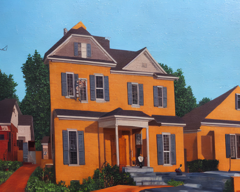 Yellow two-story house painting in lush greenery and blue sky