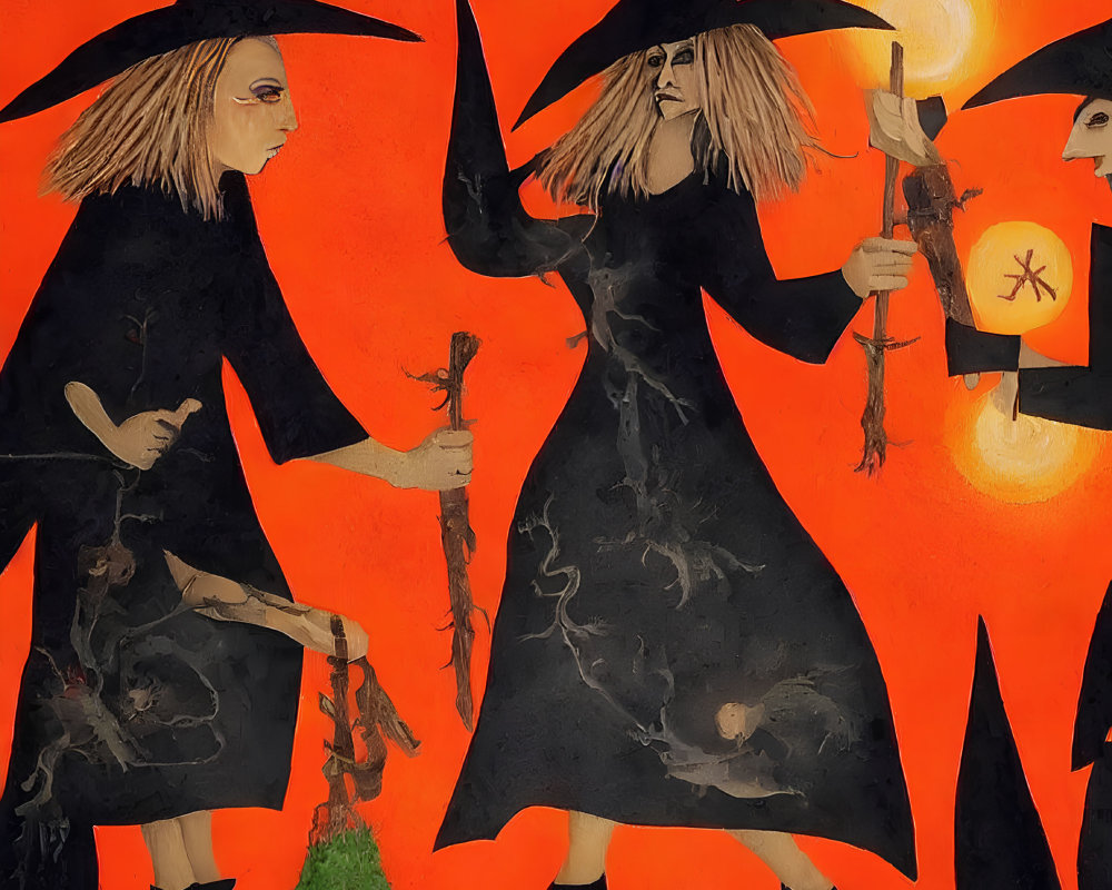 Stylized witches in black dresses and pointy hats with brooms and lanterns on orange background