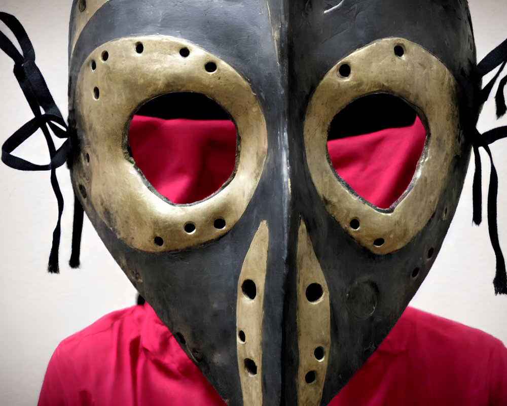 Person in Golden Plague Doctor Mask with Red Fabric Revealed