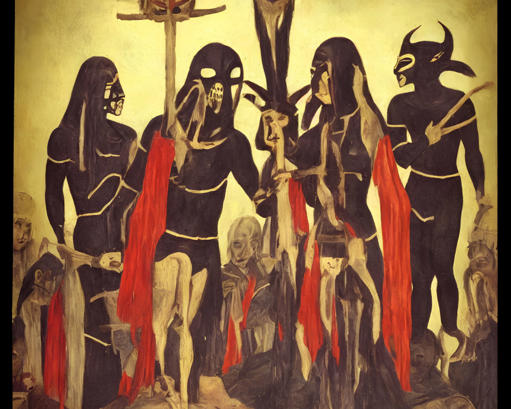 Four dark skeletal and demonic figures with weapons and skull standard among bones