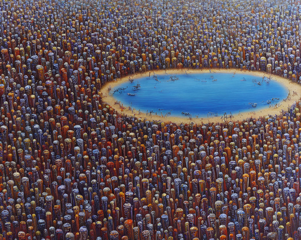 Surreal painting of dense crowd around blue pond