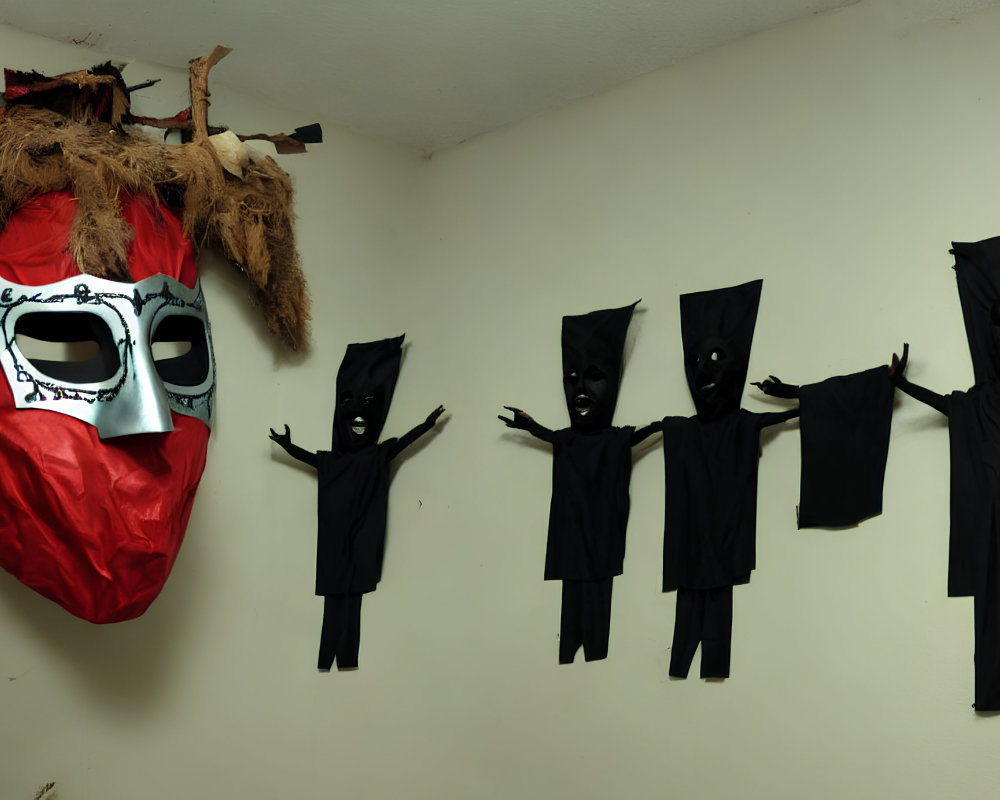 Large red and white mask on wall with small black figures against light background