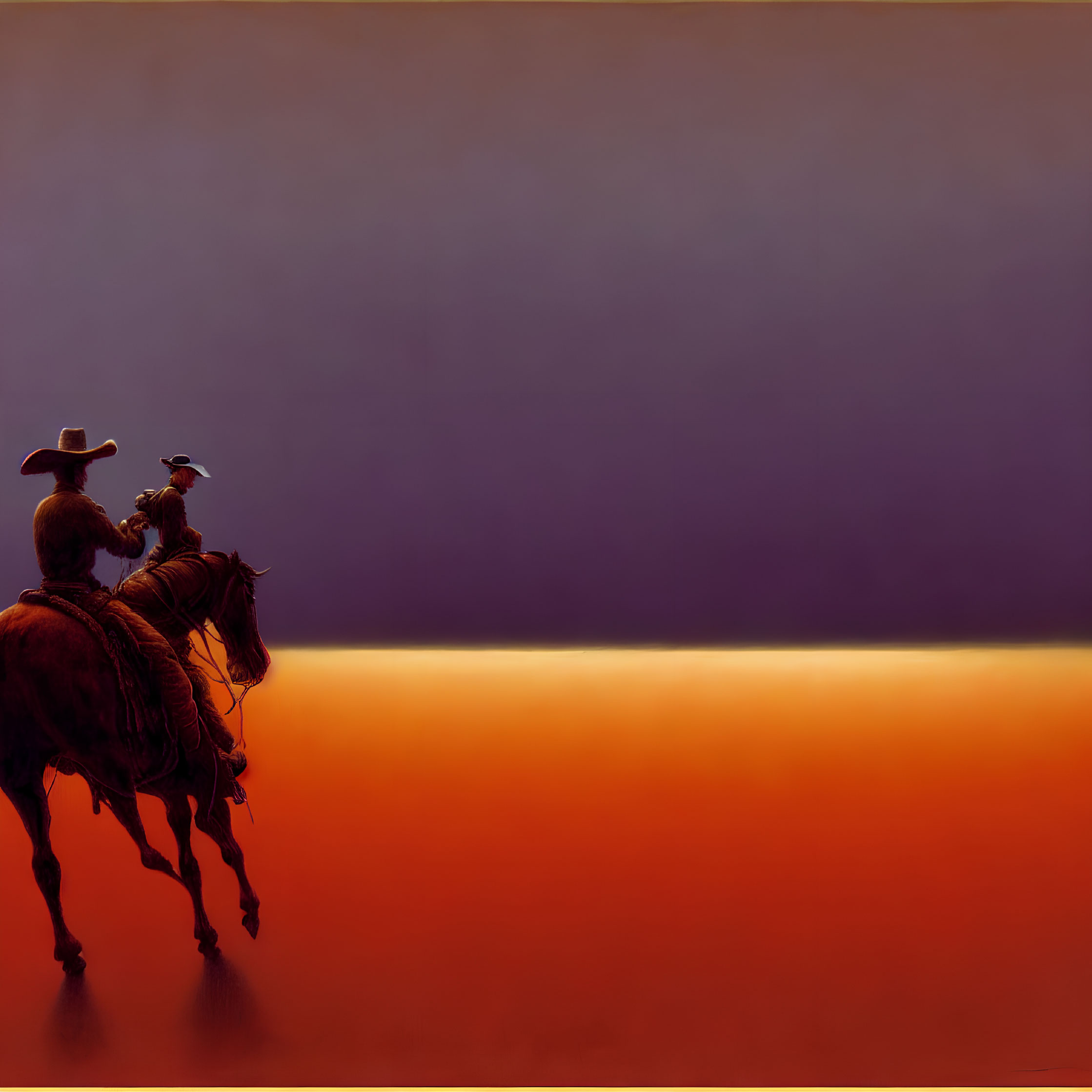 Two cowboys riding horses at dusk against vibrant orange and deep purple sky