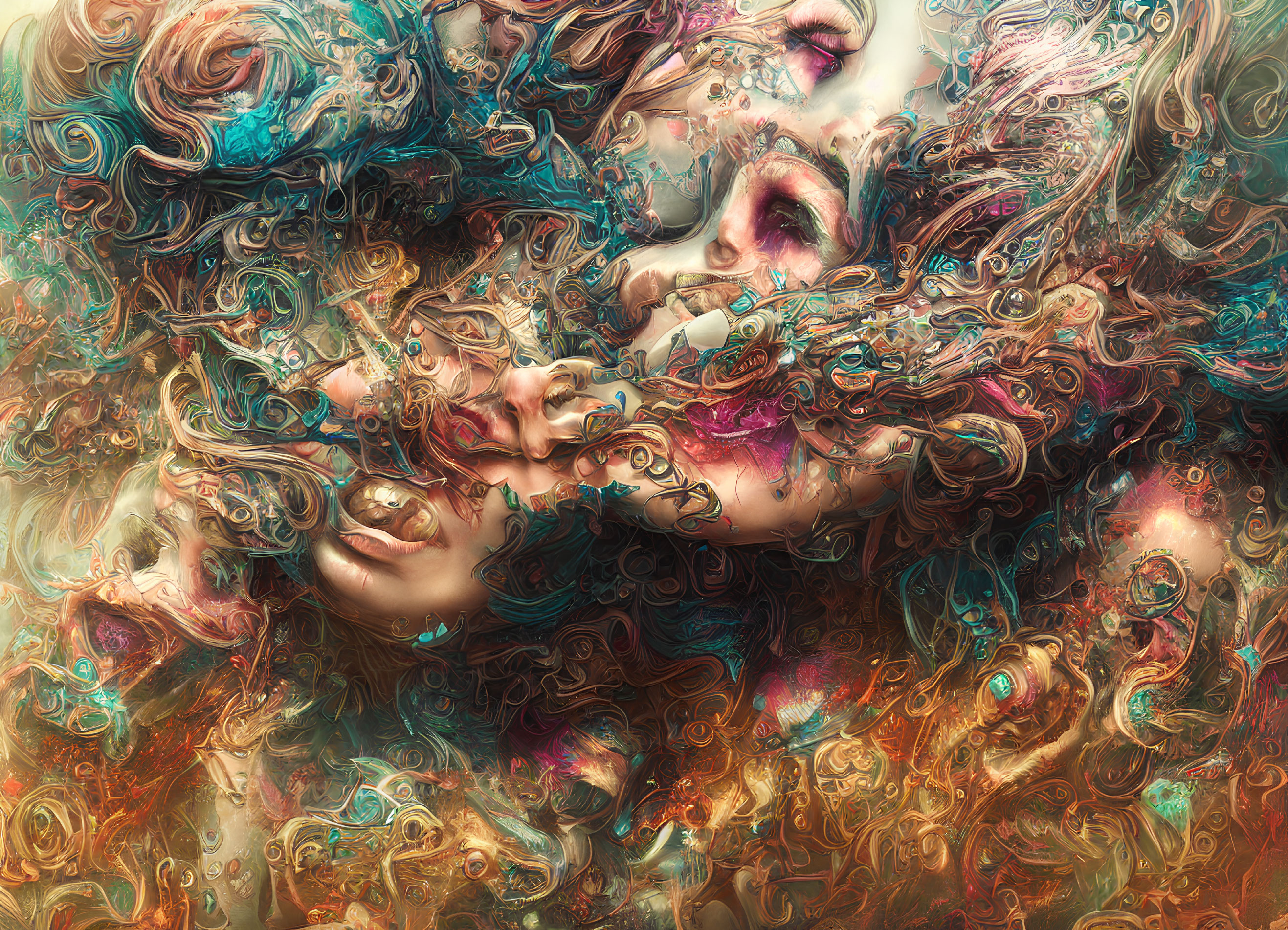 Colorful Psychedelic Artwork Featuring Entangled Human Faces