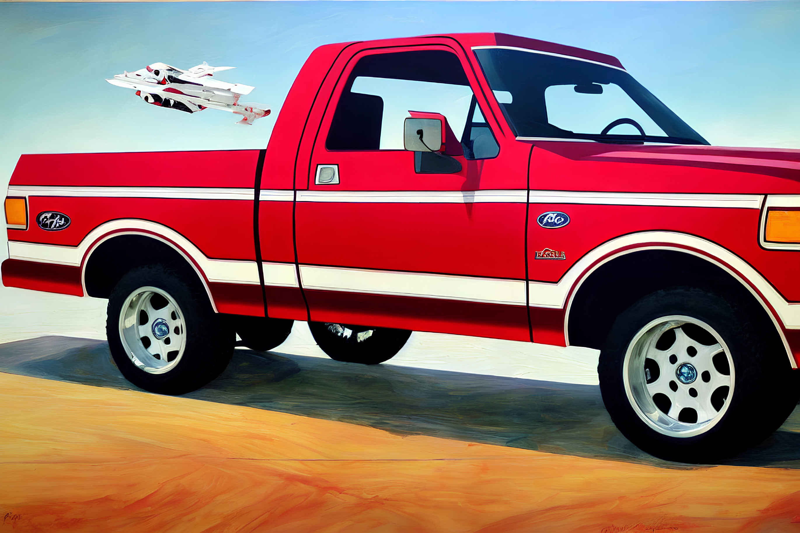Red and White Ford Pickup Truck on Sandy Terrain with Jet Flying Overhead