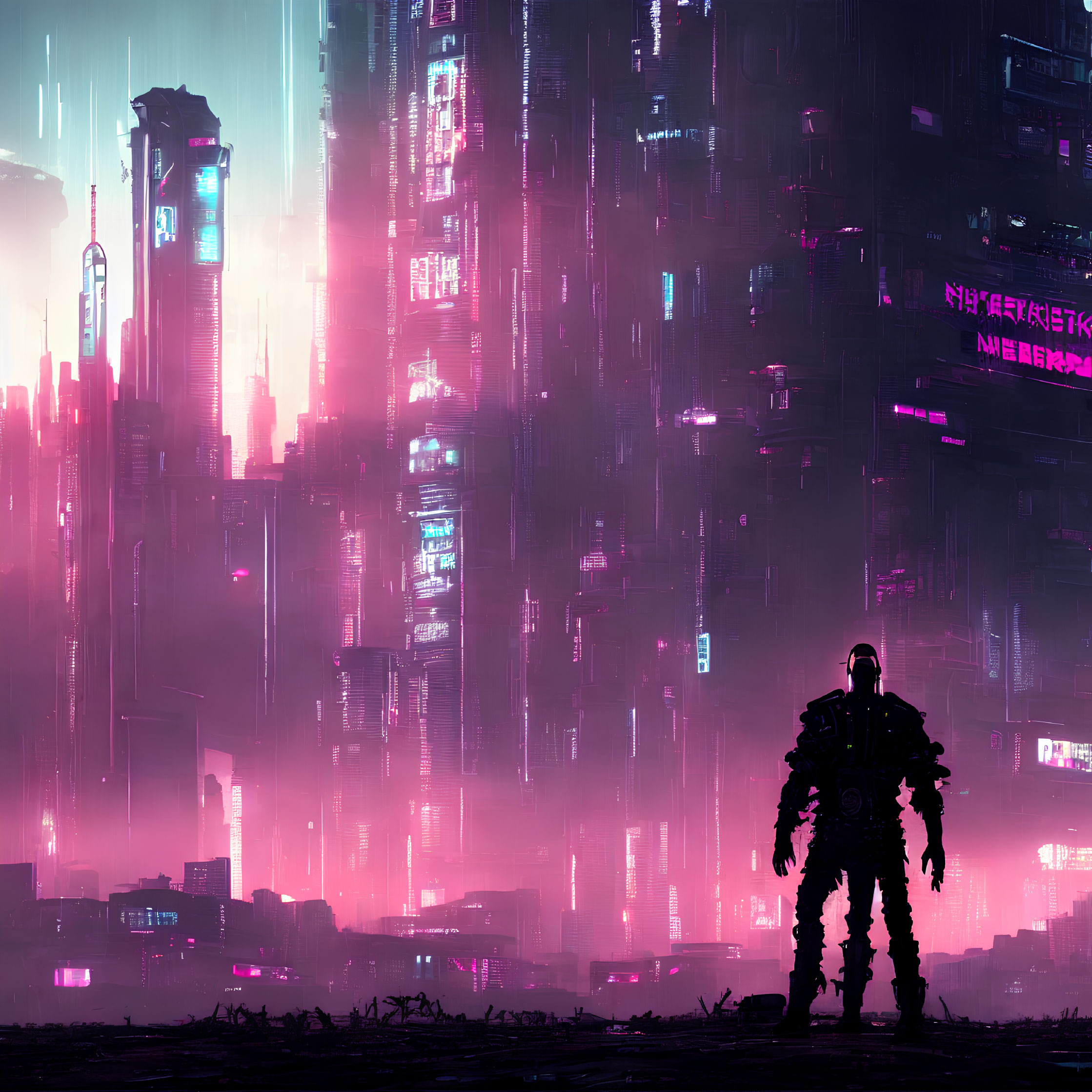 Armored figure in front of neon-lit futuristic cityscape.