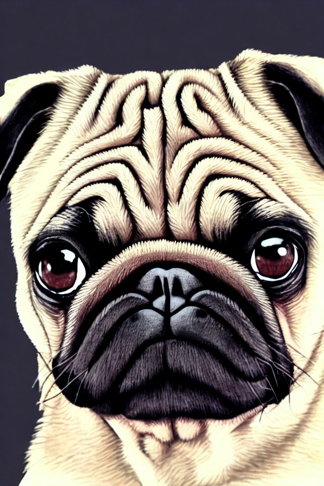 Detailed close-up of pug with expressive eyes and wrinkled face