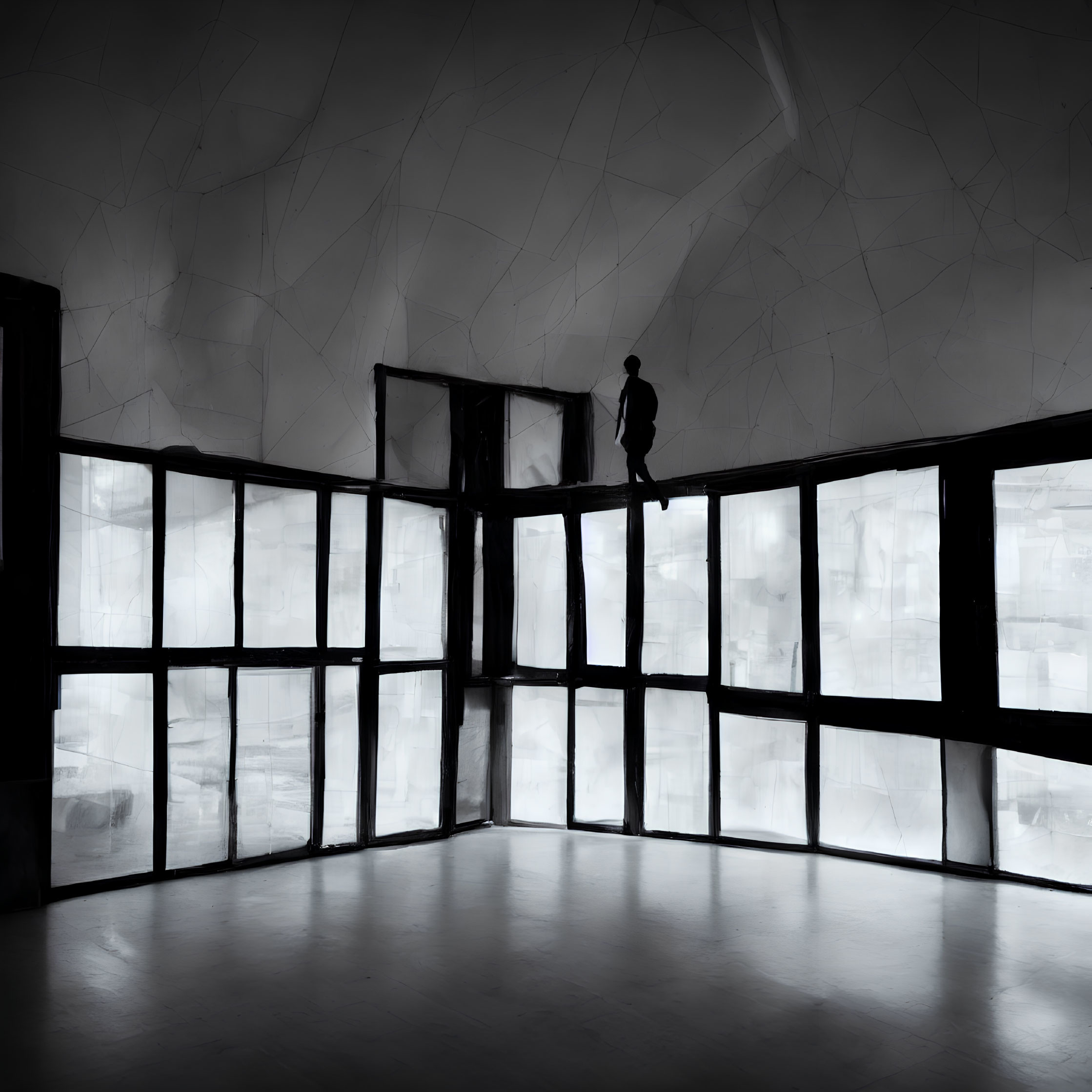 Silhouette of person in room with large windows and geometric patterns
