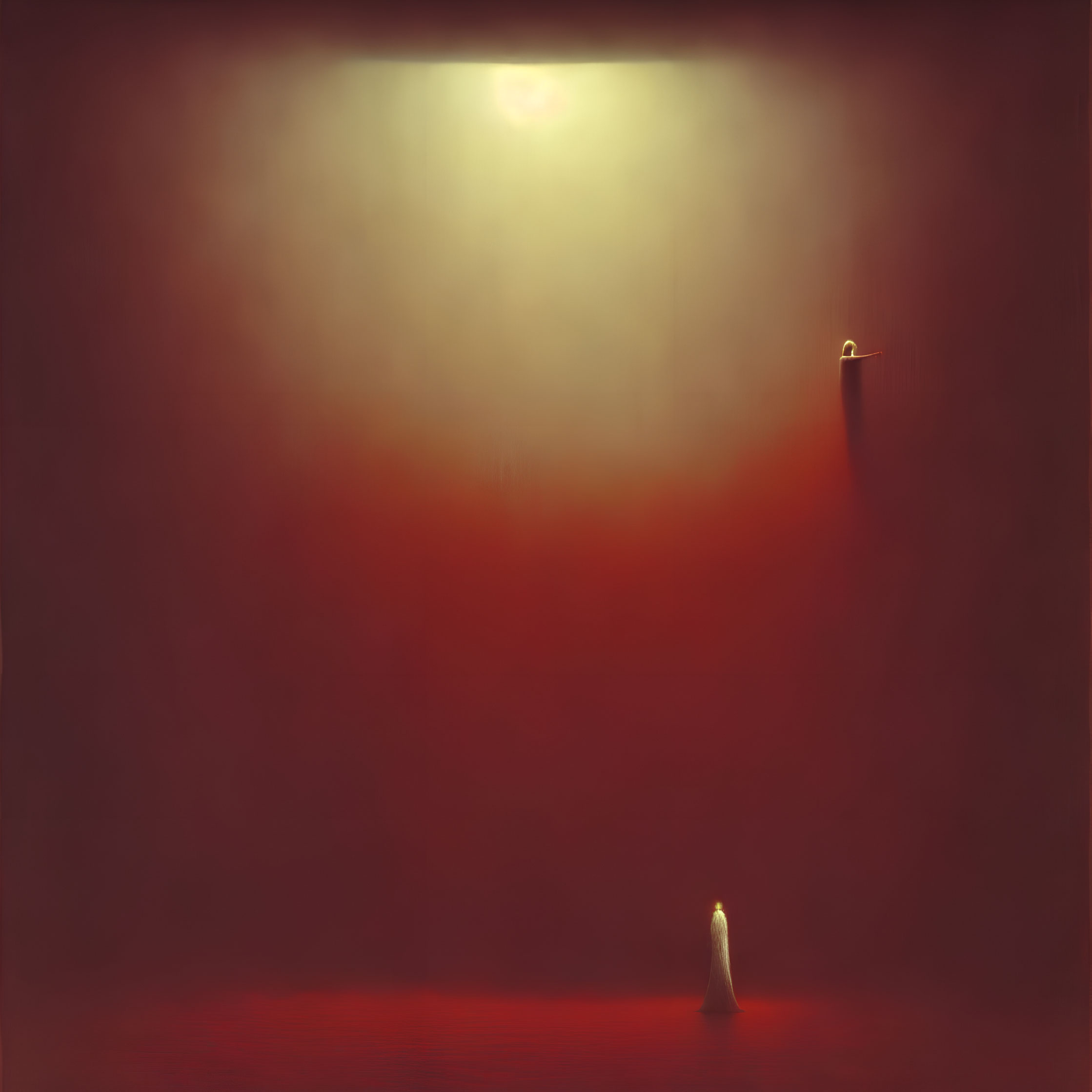 Solitary figure in white garment under bright orb in red haze with lamp post