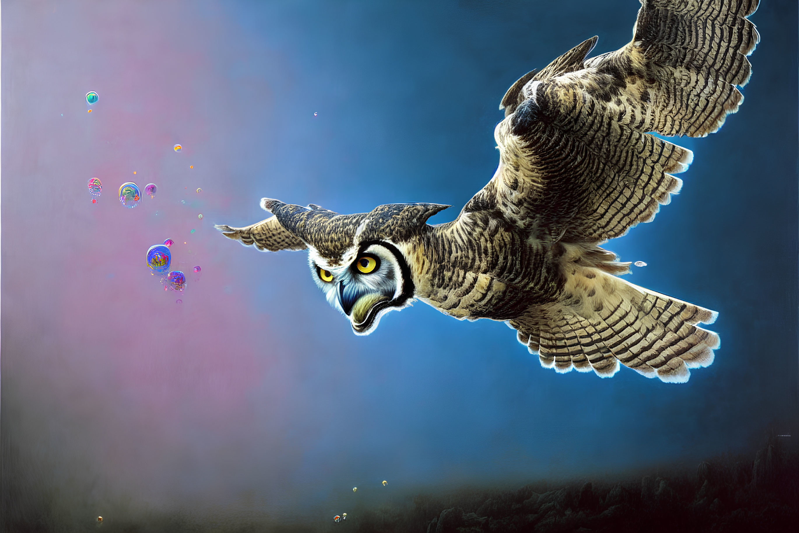 Owl flying in dusky sky with iridescent bubbles