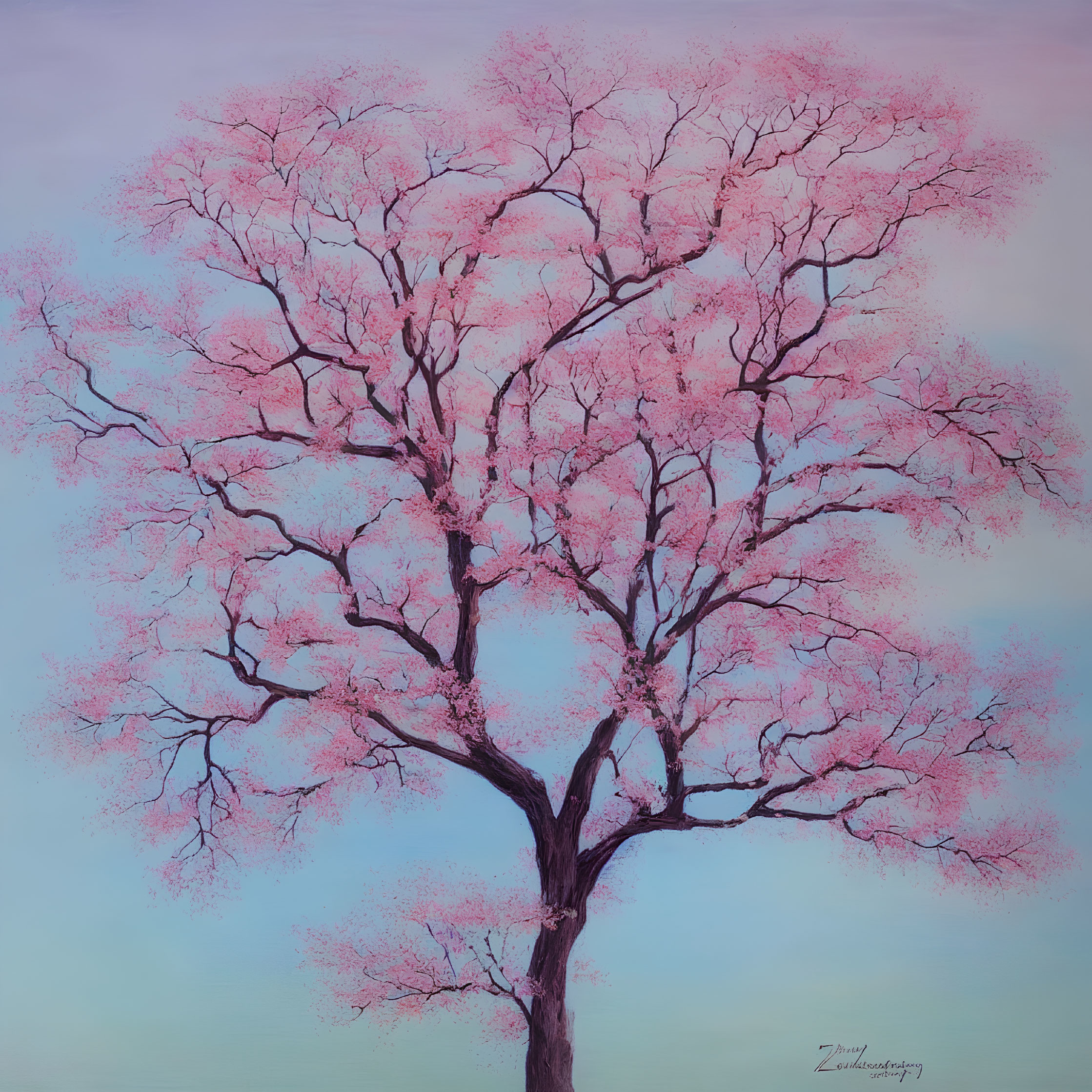 Colorful Tree Painting with Pink Blossoms on Blue Background