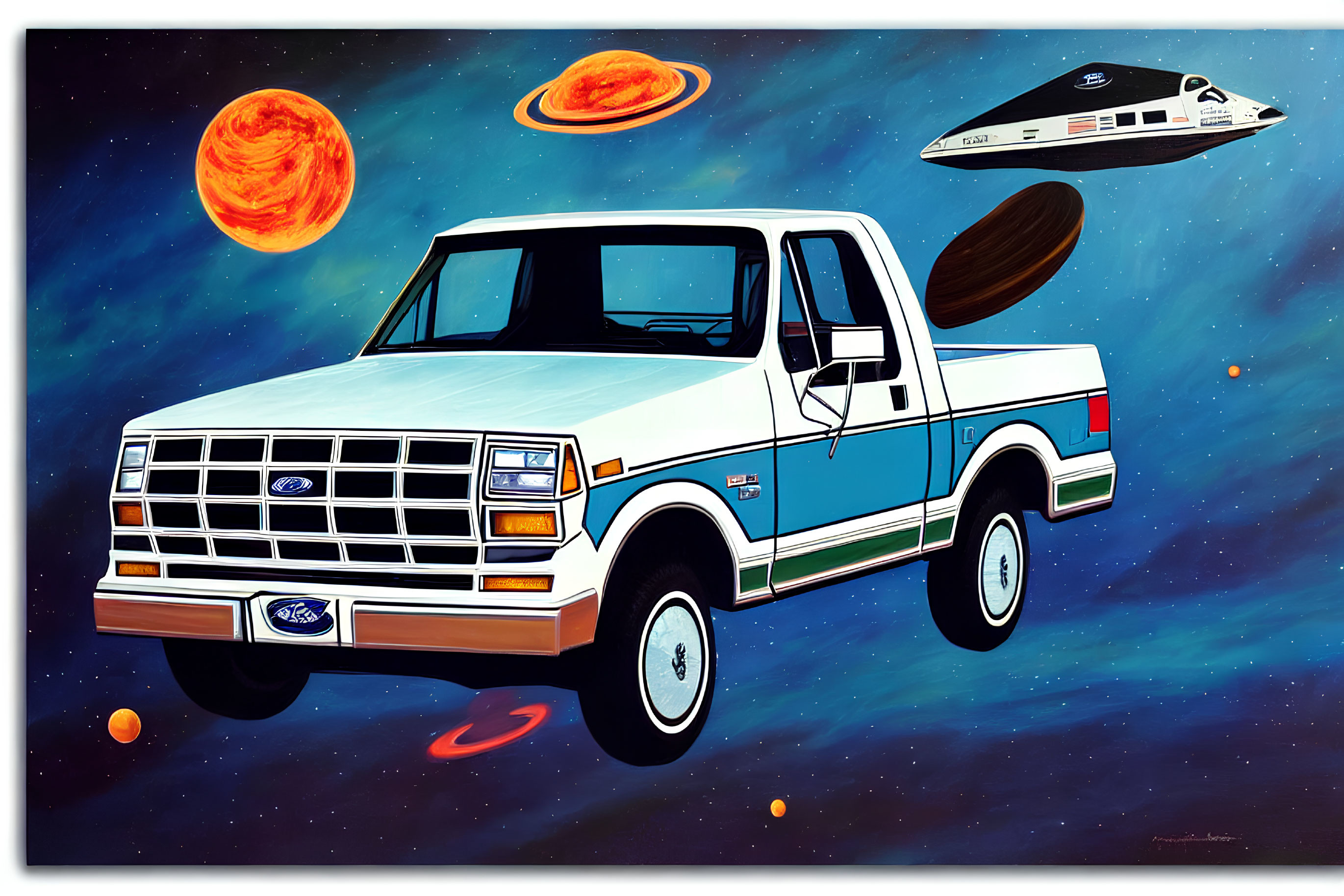 Vintage Ford pickup truck in space with planets and spaceship.