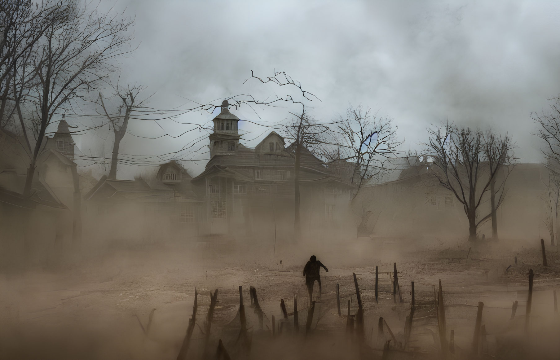 Desolate village with misty atmosphere and lone figure