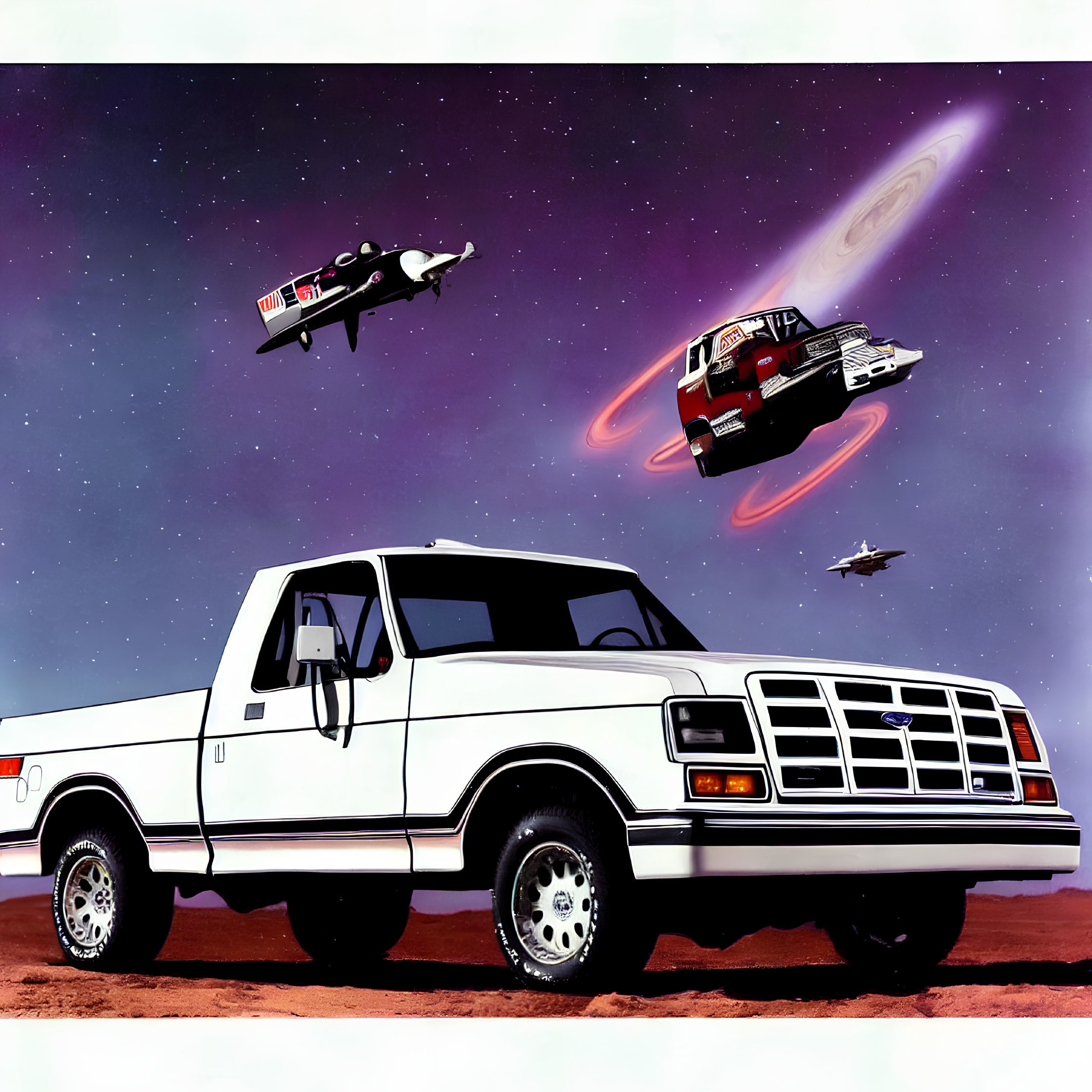 White Pickup Truck in Desert with Space Fighters Soaring