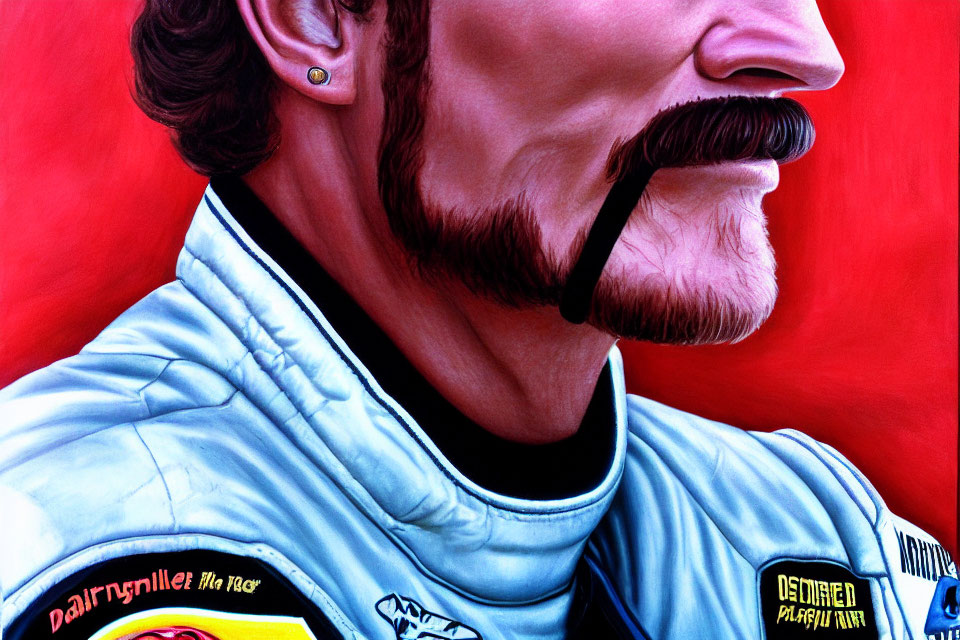 Colorful illustration of man with mustache and beard in racing suit on red background