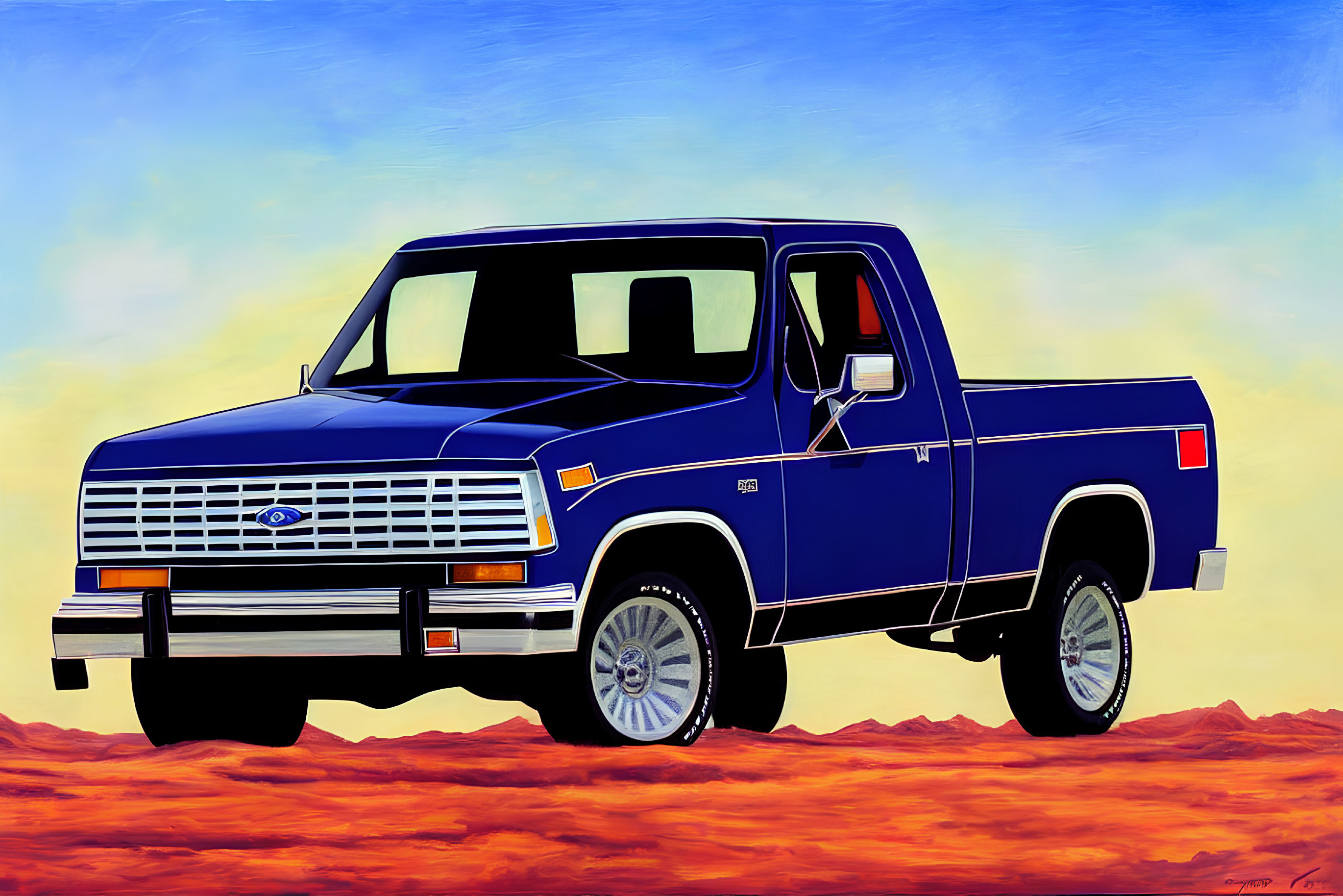 Colorful illustration: Classic blue pickup truck under yellow and blue sky