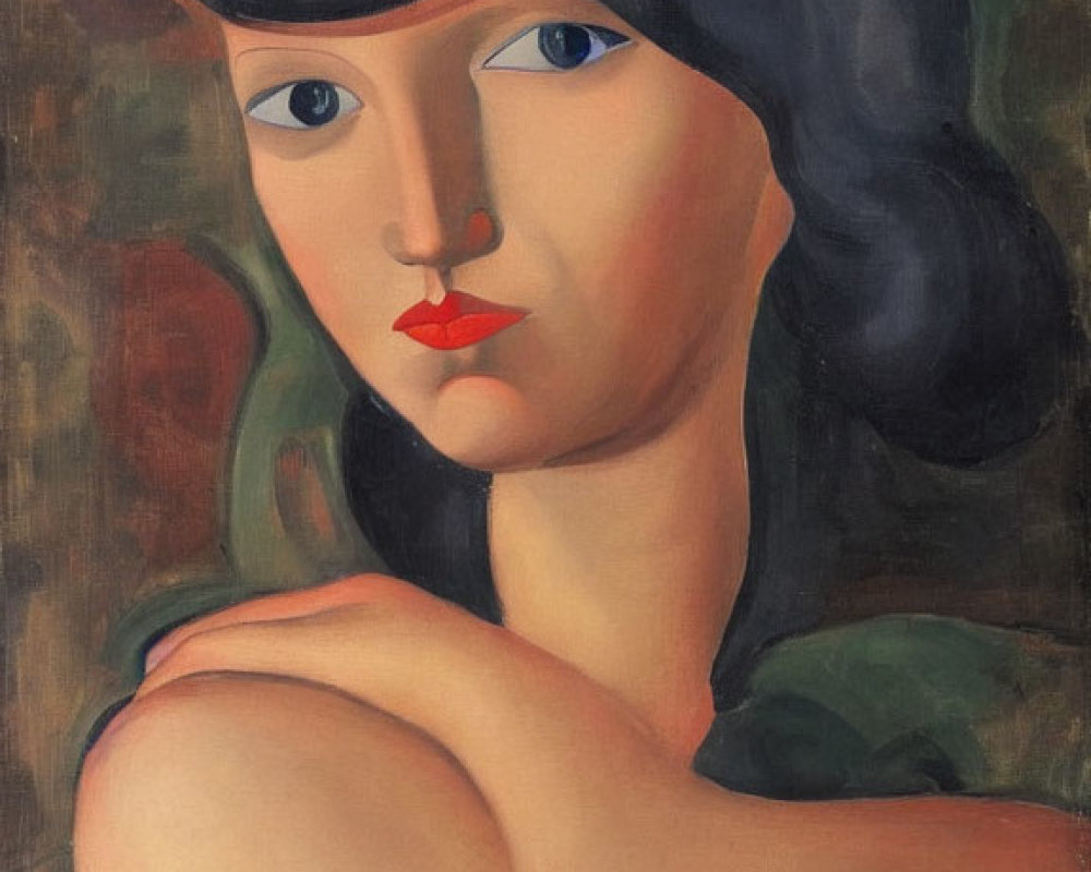 Portrait of woman with dark hair, pale skin, red lips, and green dress gazes over shoulder