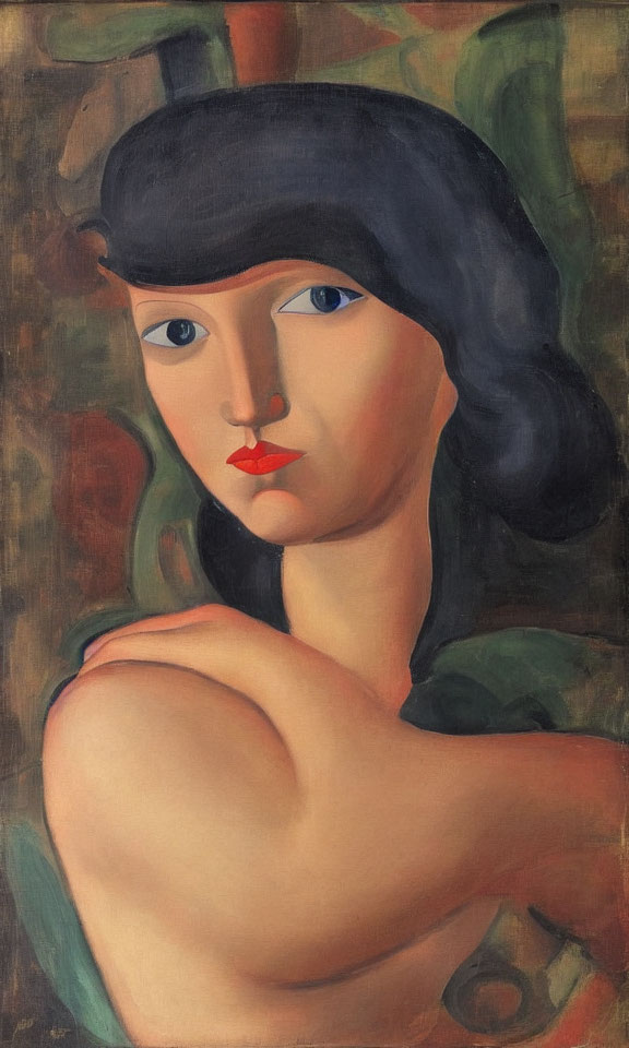 Portrait of woman with dark hair, pale skin, red lips, and green dress gazes over shoulder