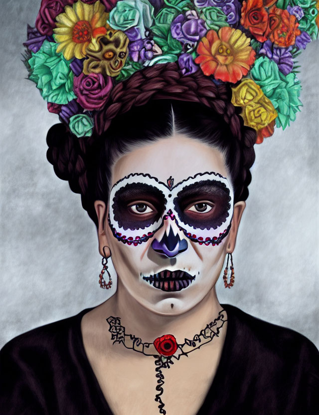 Person with skull face paint and floral crown, skull-themed makeup and red choker