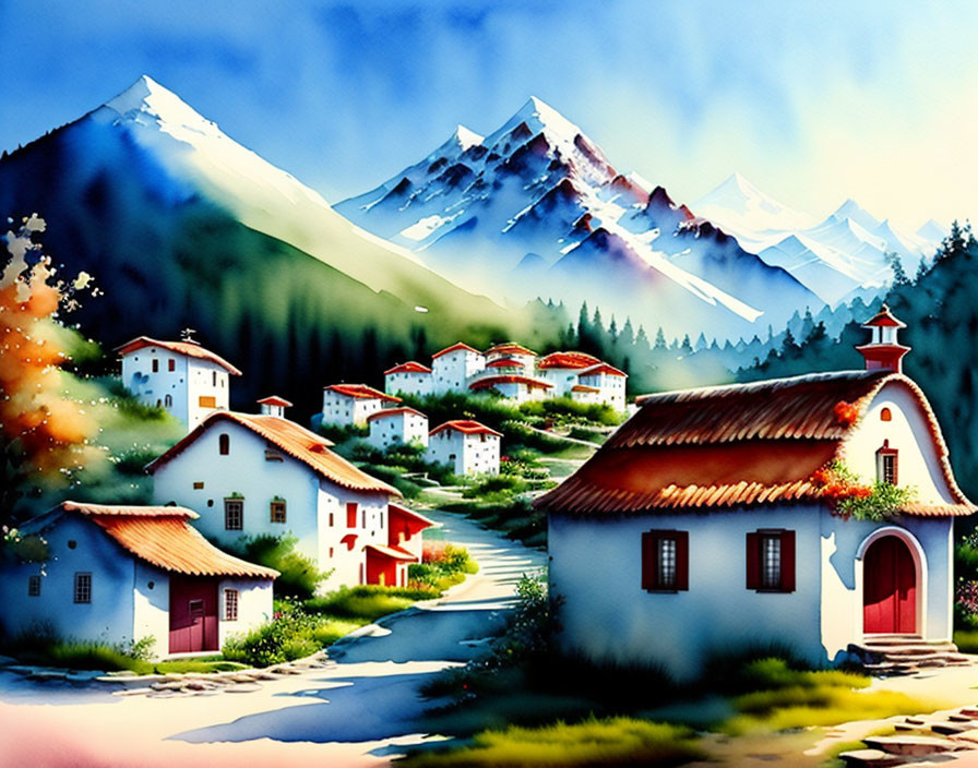 Colorful Painting: Serene Village & Snow-Capped Mountains
