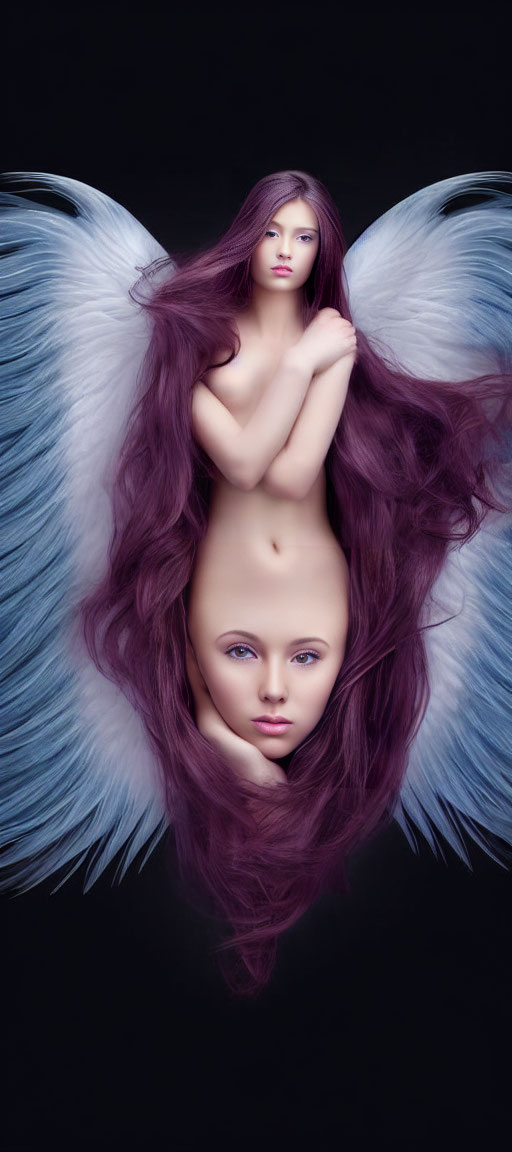 Surreal image of woman with purple hair and mirrored white wings