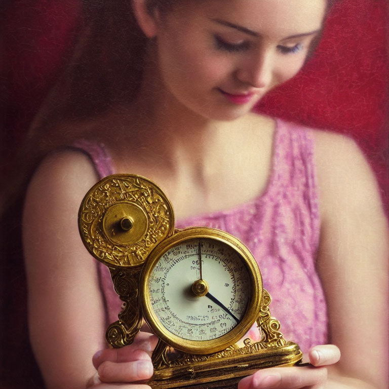 Young woman in pink top holding ornate golden barometer with red background
