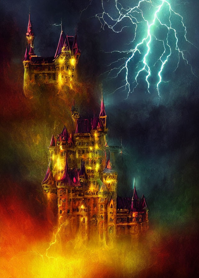 Mirrored castles in stormy sky with vibrant lightning bolts
