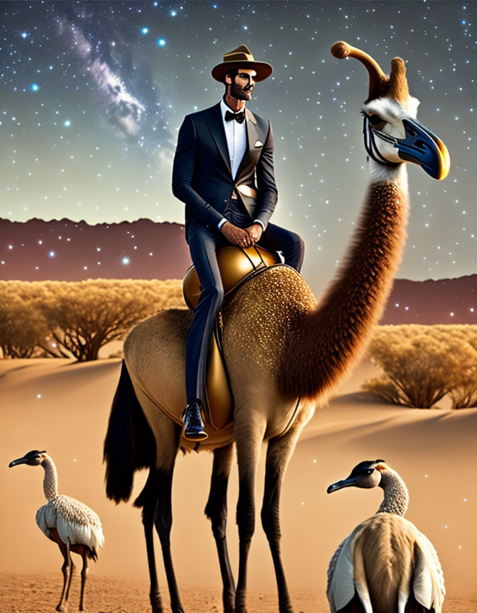 Man with beard and sunglasses rides camel under starry desert sky with birds