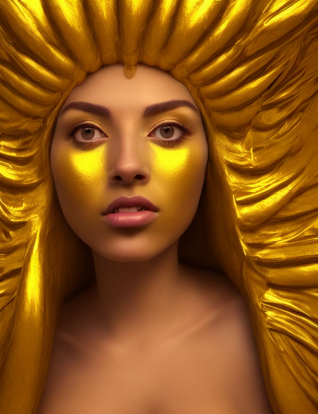 Regal woman with golden makeup and sun-like headdress