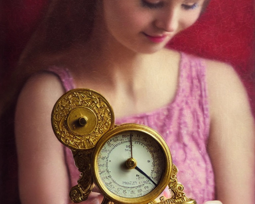 Young woman in pink top holding ornate golden barometer with red background