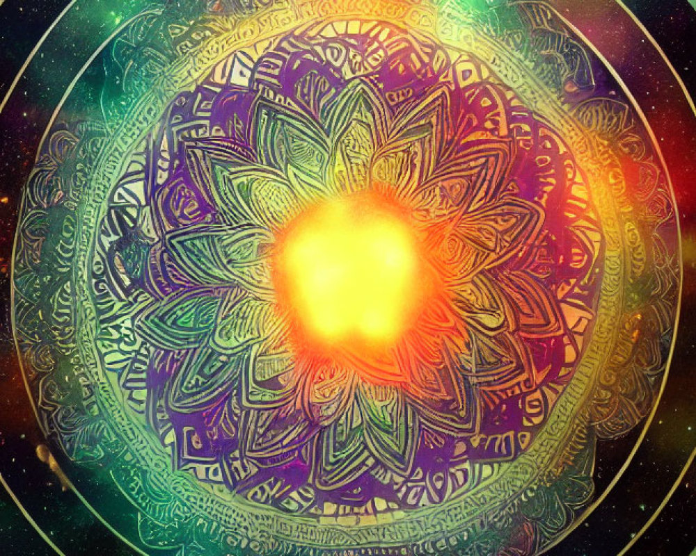 Colorful Cosmic Mandala with Radiant Light and Nebula Background