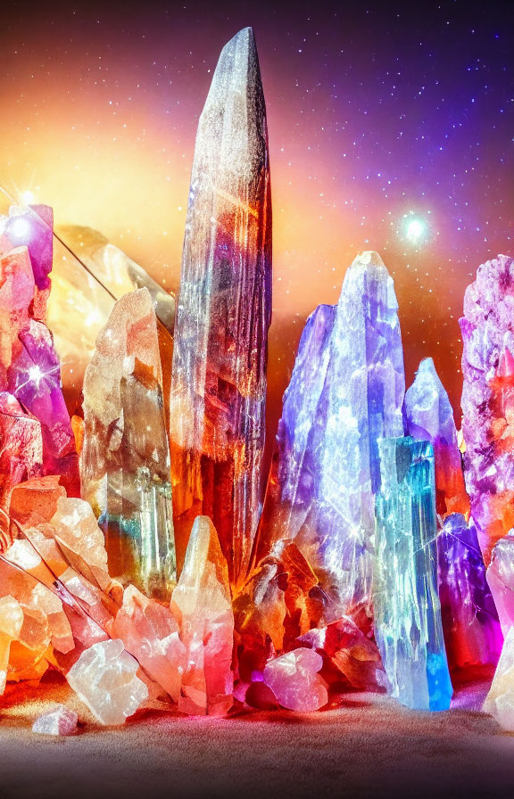 Colorful Crystals on Starry Sky Background in Pink, Purple, and Blue