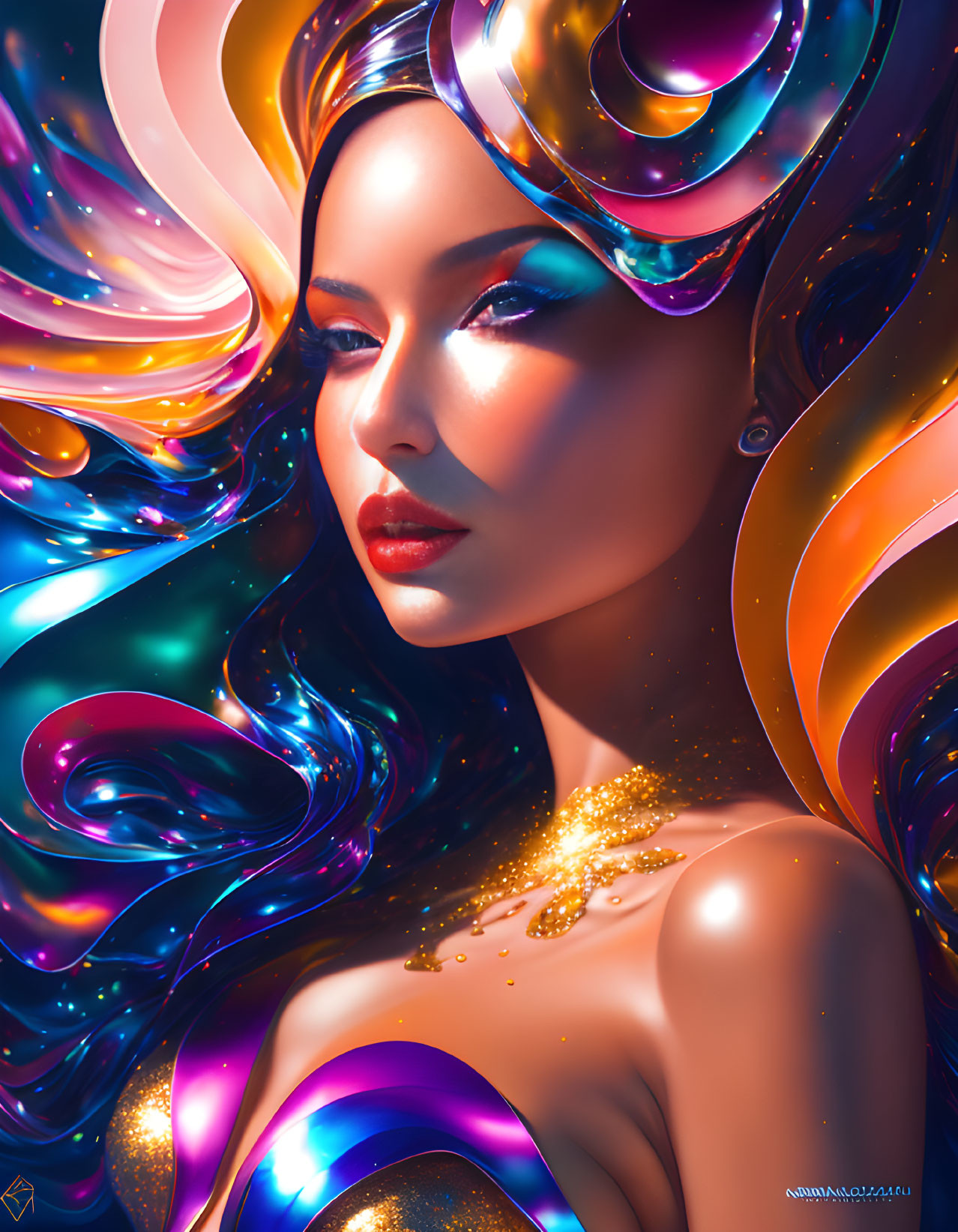 Colorful digital portrait of woman with swirling hair-like forms and golden sparkles.
