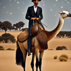 Man with beard and sunglasses rides camel under starry desert sky with birds