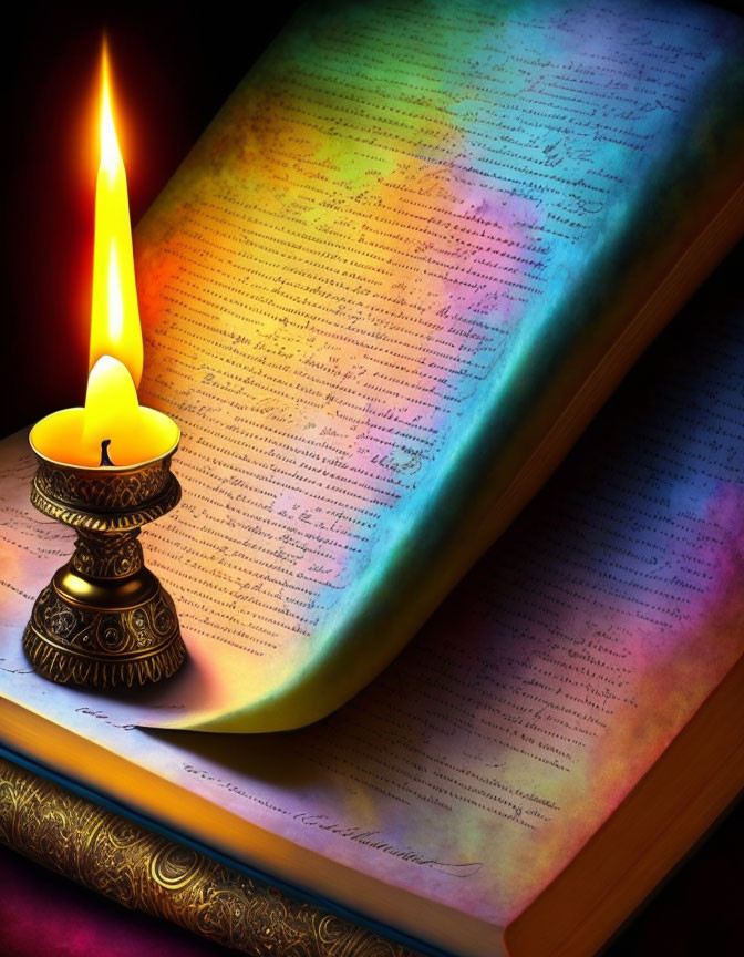 Brass candle holder casting colorful glow on open book
