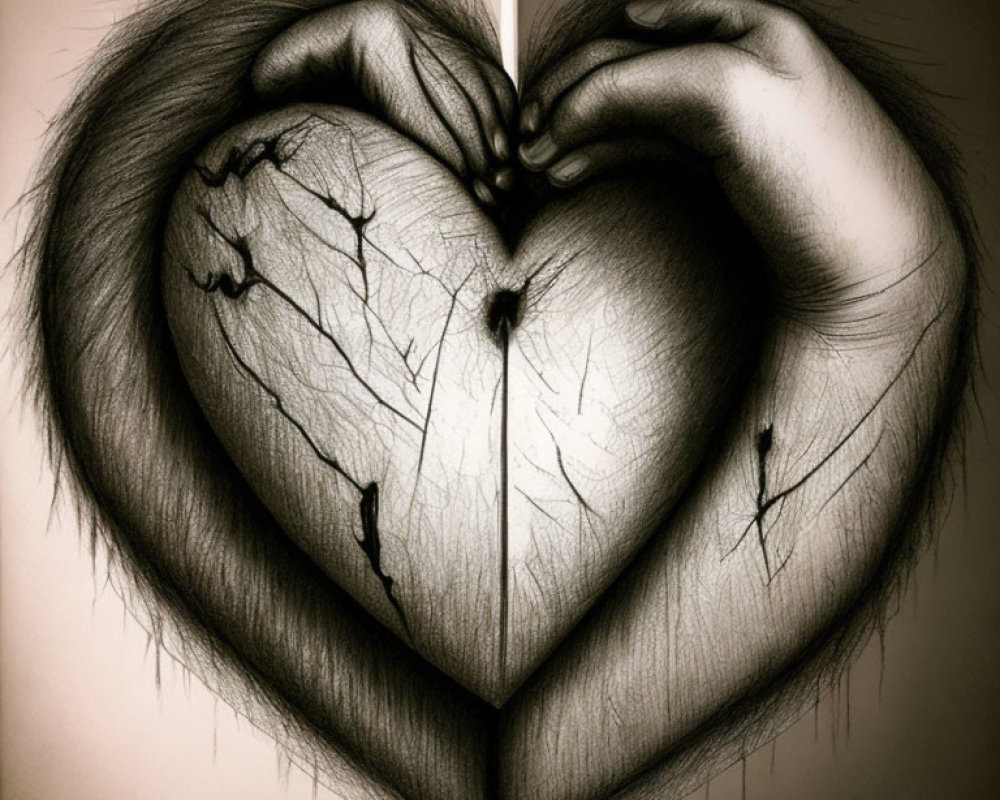 Detailed pencil sketch of weathered hands forming heart shape