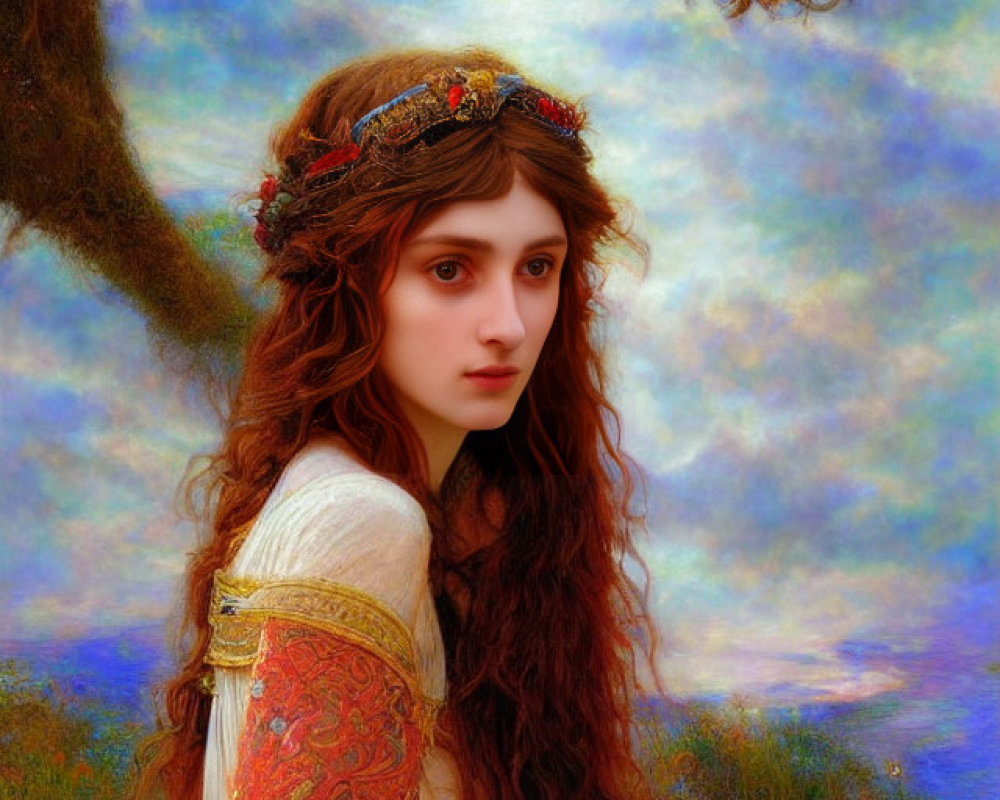 Woman with Long Wavy Red Hair and Floral Headband in Colorful Dreamy Landscape