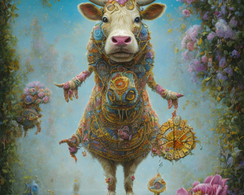 Adorned cow with floral crowns and jewelry in lush surroundings