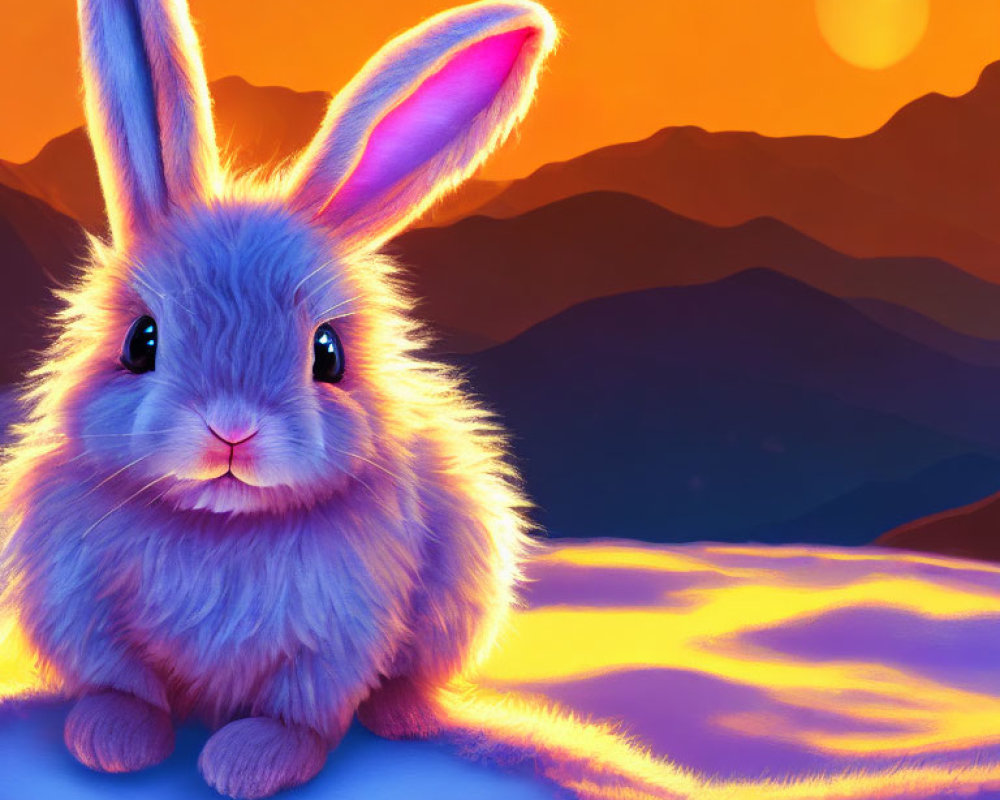 Fluffy animated rabbit against vibrant sunset sky