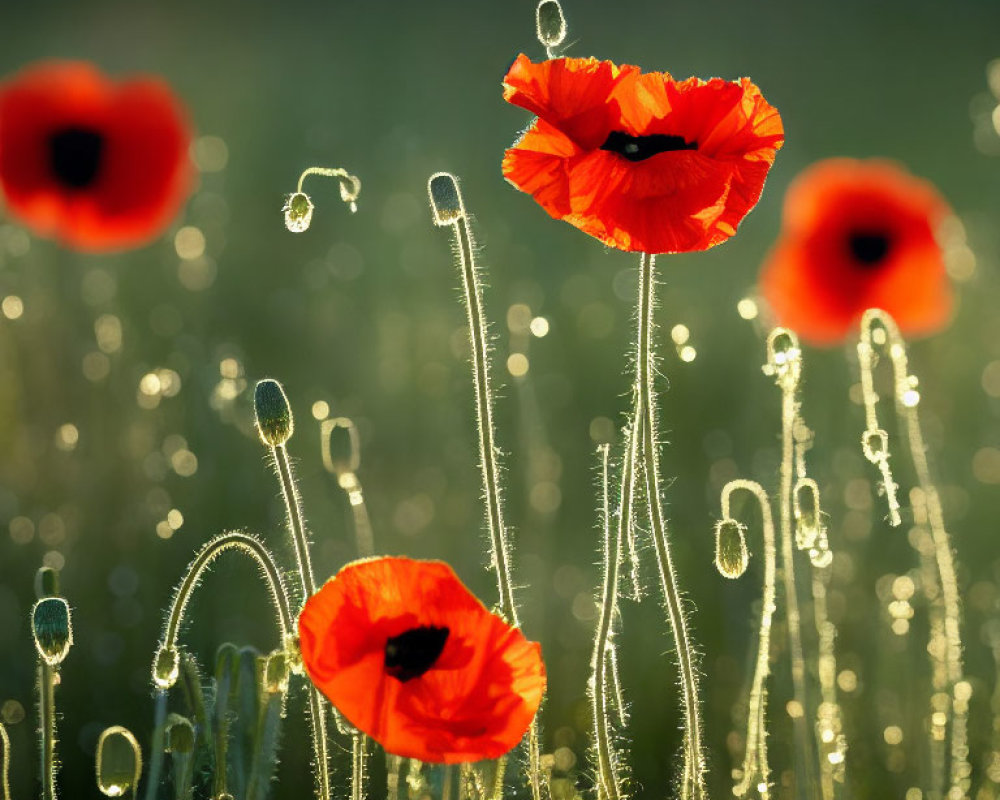 Vibrant red poppies with dew-covered stems on soft green backdrop