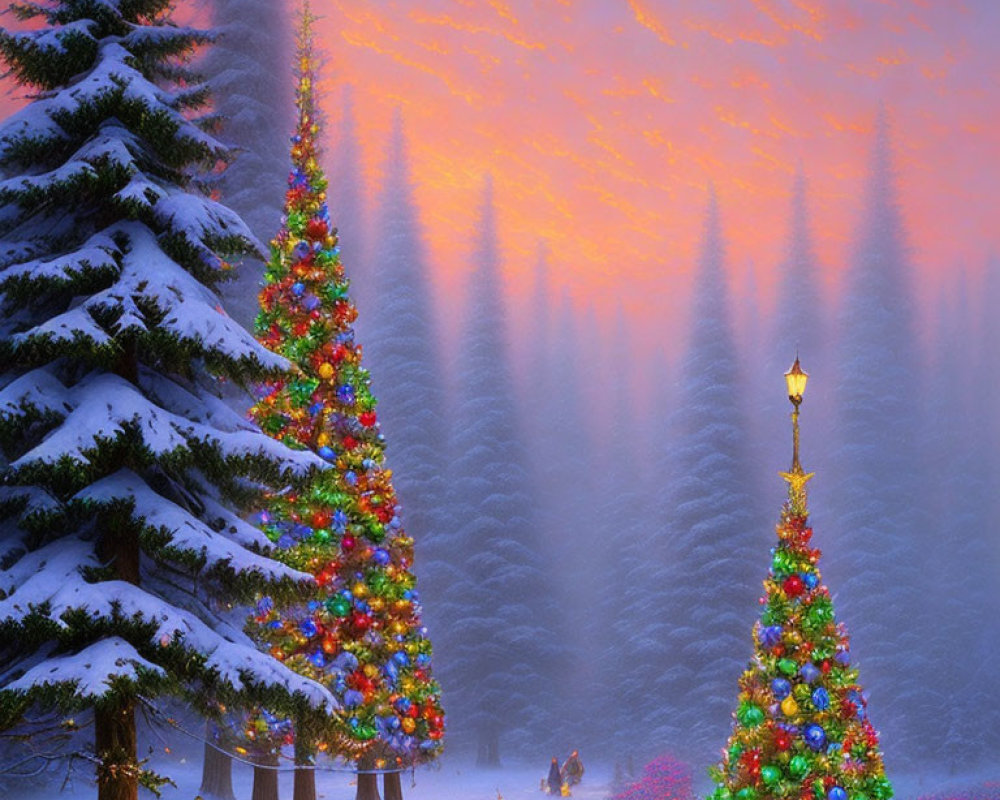 Winter scene with snow-covered trees and Christmas decorations under a vibrant sunset sky