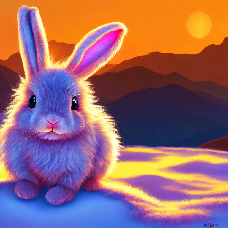 Fluffy animated rabbit against vibrant sunset sky