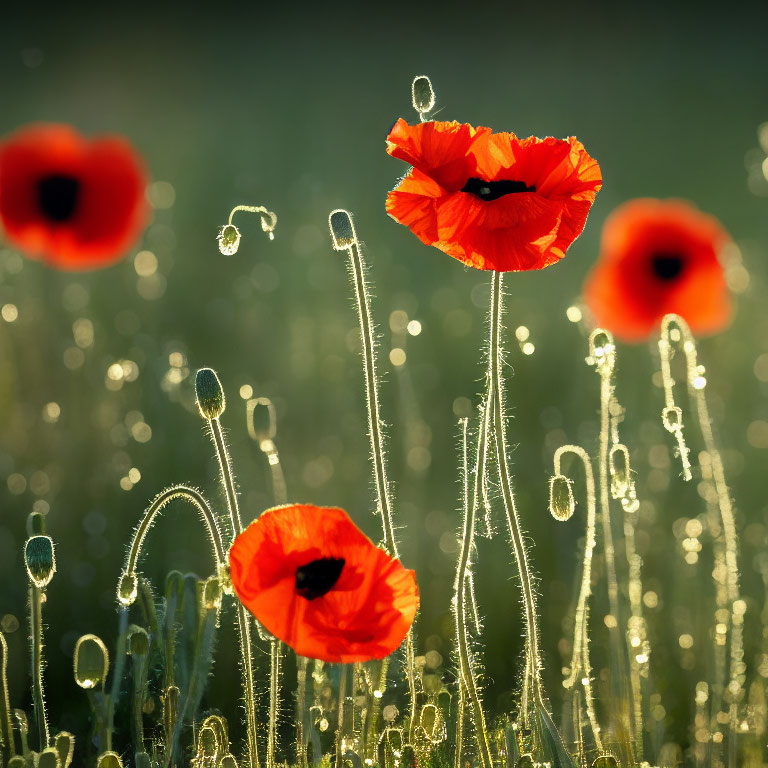 Vibrant red poppies with dew-covered stems on soft green backdrop