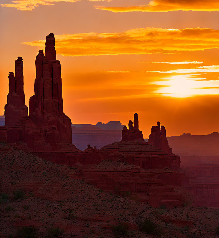 Colorful Desert Sunset with Silhouetted Rock Formations and Fiery Sky