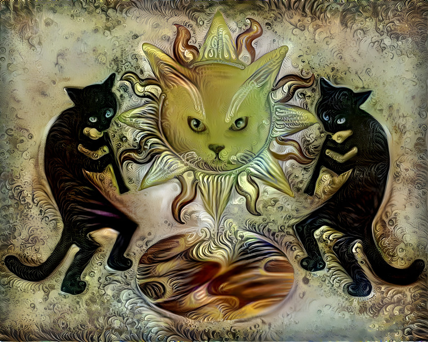 A Pair of Feline Kokopelli Conjuring A Solar Deity
