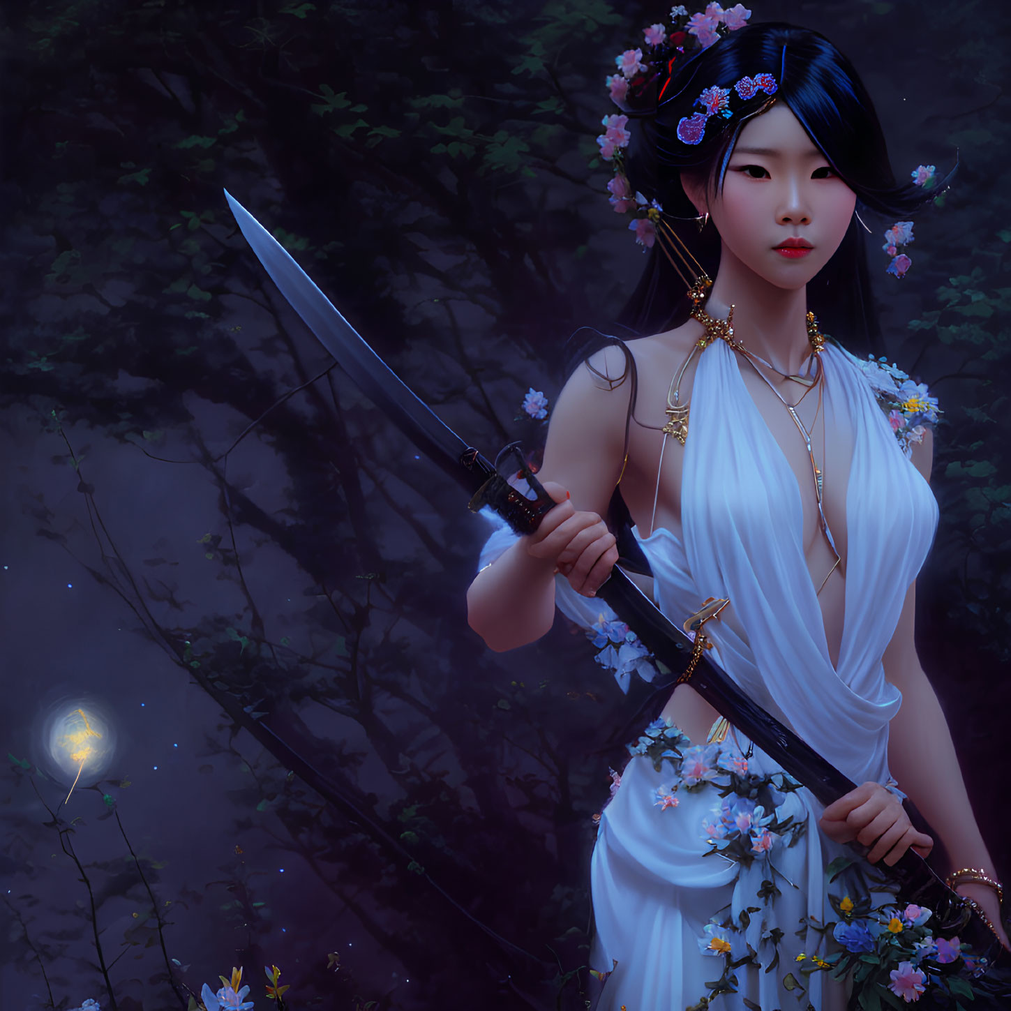 Woman in white dress with floral sword in mystical forest with glowing orb