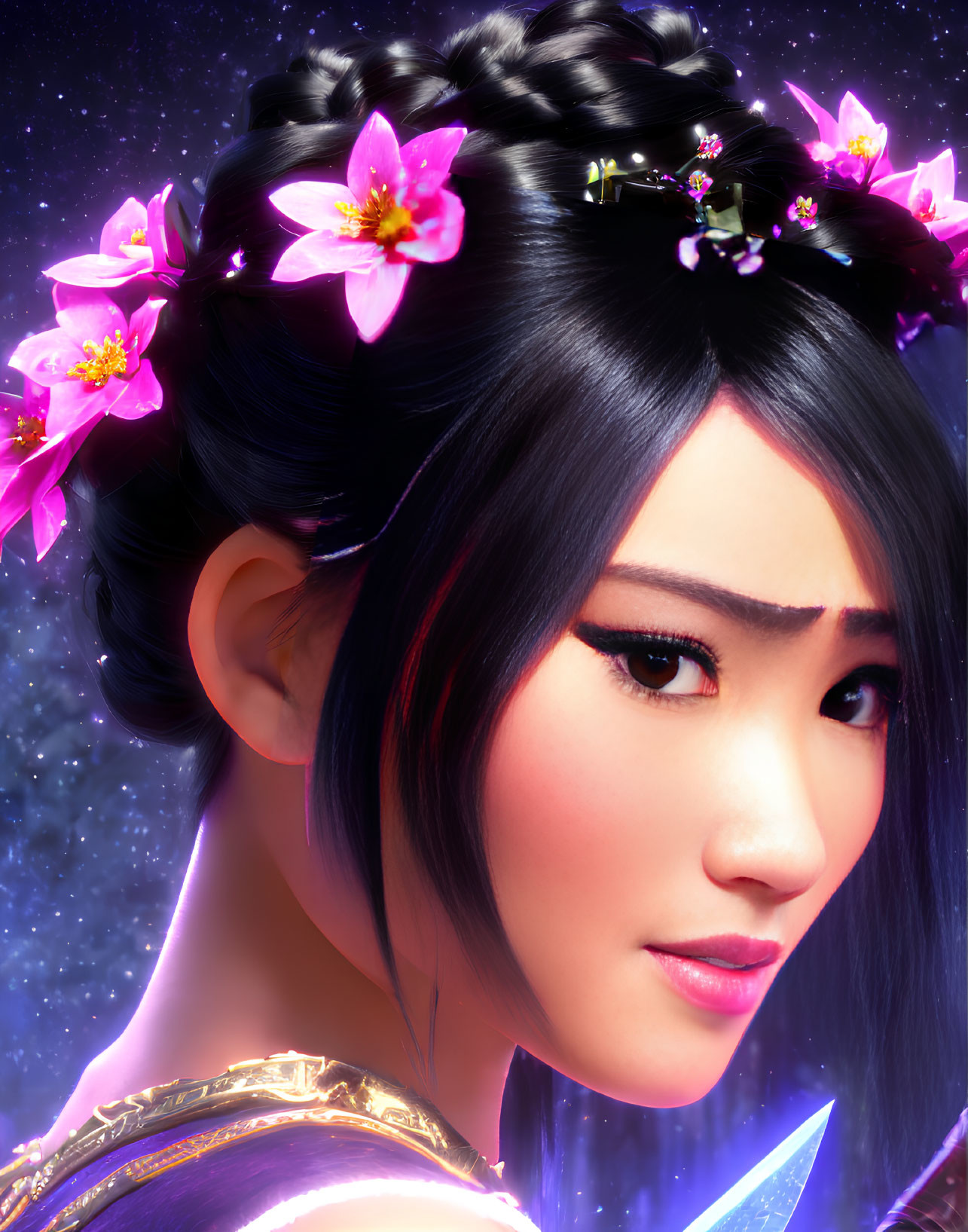 Woman with Floral Hair Accessory and Stylized Makeup Against Starry Background